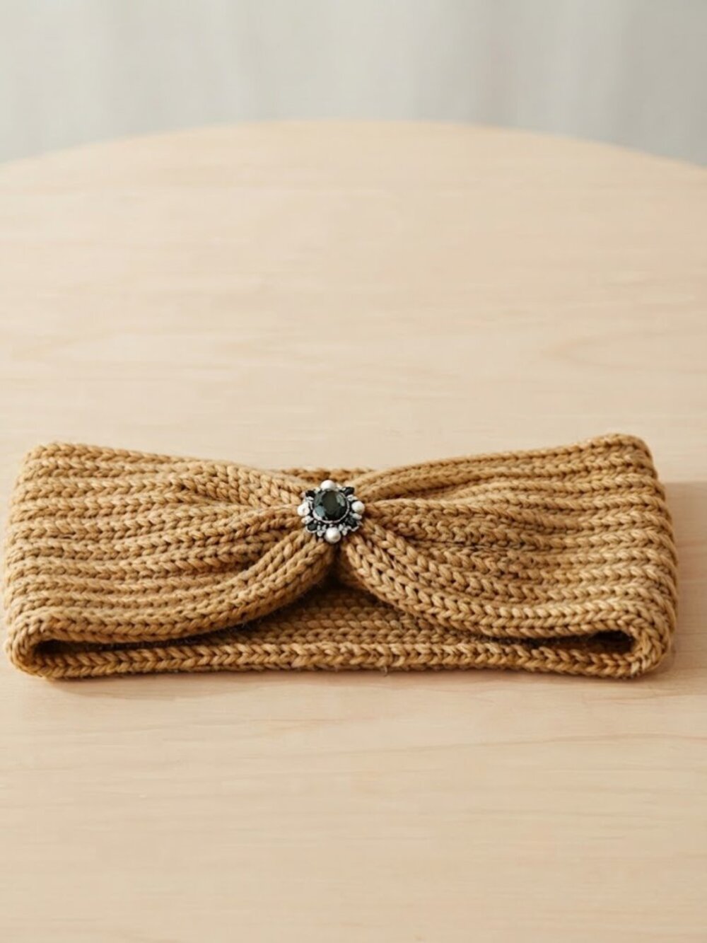 Ladies Tan Vintage Style Jewel Knitted Winter Headband